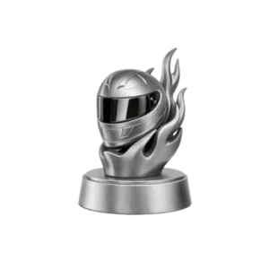Trofeo argentato a forma di casco da corsa