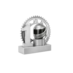 Trofeo argentato con casco da moto e numero uno